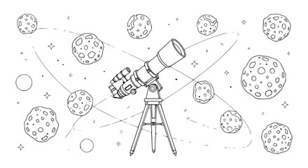 Telescope Observing Asteroids and Stars in Outer Space - Outline Illustration © Janganan