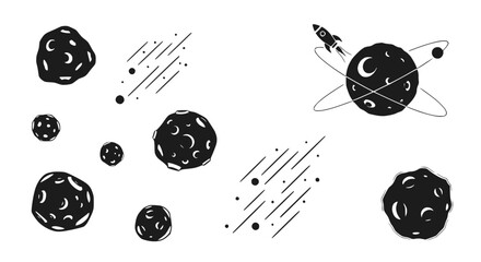 Space Rocket Orbiting Planet with Asteroids and Stars, Cosmic Travel Illustration © Janganan
