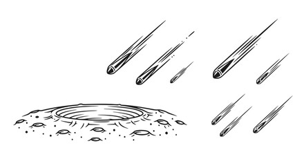 Meteor shower over cratered surface, hand-drawn illustration © Janganan