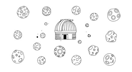 Observatory Dome Surrounded by Cartoon Planets and Asteroids © Janganan