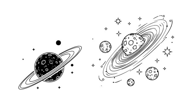 Cosmic Planets and Stars Sketch - Space Exploration and Astronomy Illustration