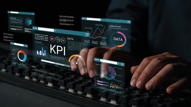 Business professional analyzing data with futuristic dashboards showcasing statistics, charts, and key performance indicators in digital workspace setting Gluon.