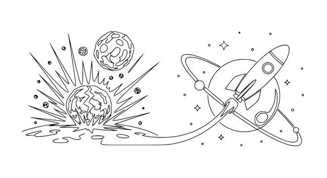 Space rocket launching from planet near exploding star and moon, line art
