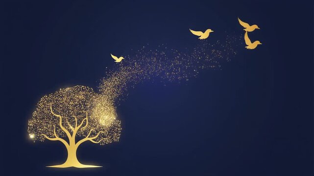 Golden tree flourishing into a luminous entity with birds taking flight from its essence