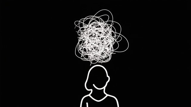 Modern AI concept video frame: Silhouette with growing mental overload and tangled thoughts
