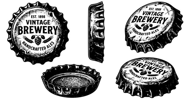 Iron Beer Bottle Cap Engraving Vector Set with Five Angles in Scratchboard Style