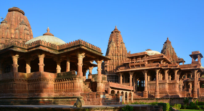 JODHPUR RAJASTHAN INDIA: Old Hindu Temple exterior structure at Mandore Garden jodhpur city, Rajasthan, India