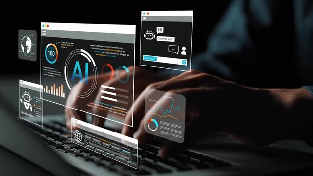 Hands on keyboard interacting with futuristic AI interface, data analysis, virtual communication, technology innovation, business intelligence, digital evolution Gluon.
