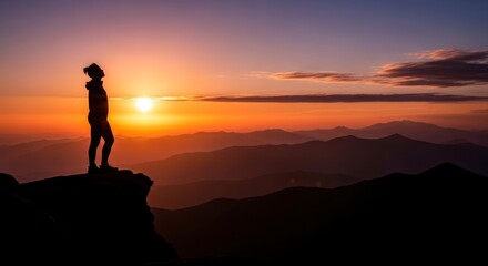 Fototapeta premium Serene Summit Silhouette: A Lone Hiker Gazing at a Radiant Mountain Sunset