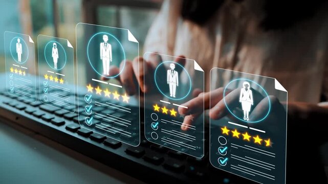 Business professional evaluating online profiles and resumes with digital technology for hiring process and candidate selection in modern workspace Sigmoid