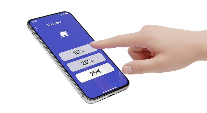 Hand touching a smartphone screen showing tip options for a bill