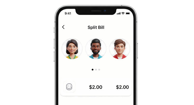 Modern smartphone application interface displaying a 'Split Bill' feature, facilitating easy digital payment management for groups and shared expenses