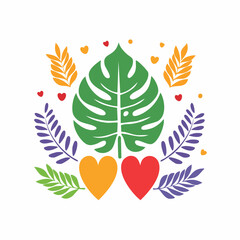 Obraz premium Tropical Leaves and Hearts Illustration