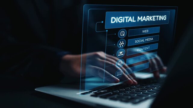 Digital marketing strategy broken down into categories: web, SEO, content, social media, and advertise. Digital tools enhance online marketing success across digital platforms. Elide
