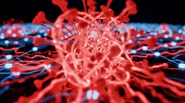 A neuron with glowing red and blue connections on a dark circuit board background