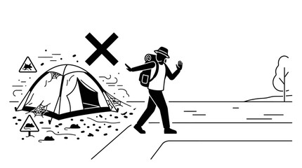 Black and white illustration of a hiker avoiding a camping tent with warning symbols. © Dewi Lestari