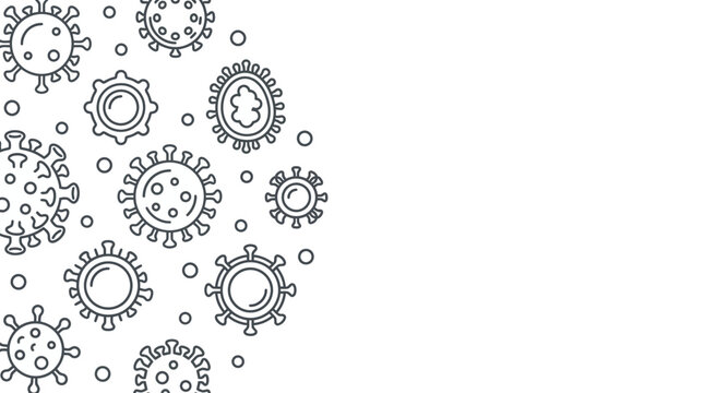 Black and white hand drawn virus cell pattern background.