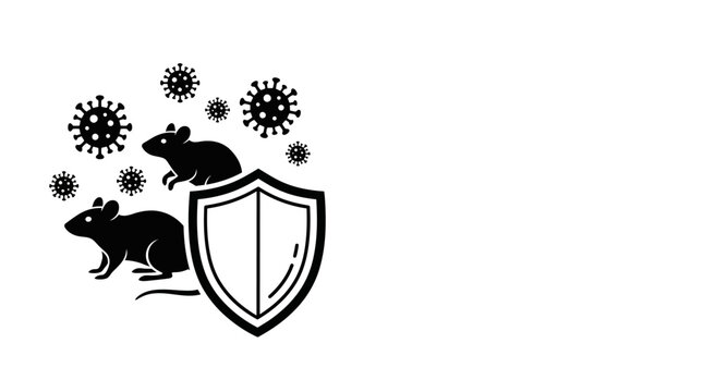 Black and white icon showing rats protected by a shield from viruses.