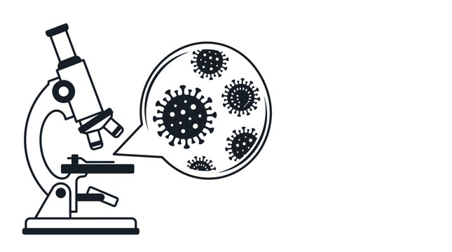 Black and white illustration of a microscope examining viruses.
