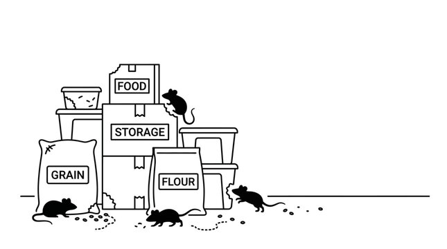 Black and white illustration of mice invading a food storage pantry.