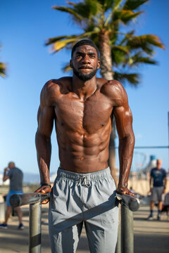 Man exercising outdoors on parallel bars, palm trees in background.