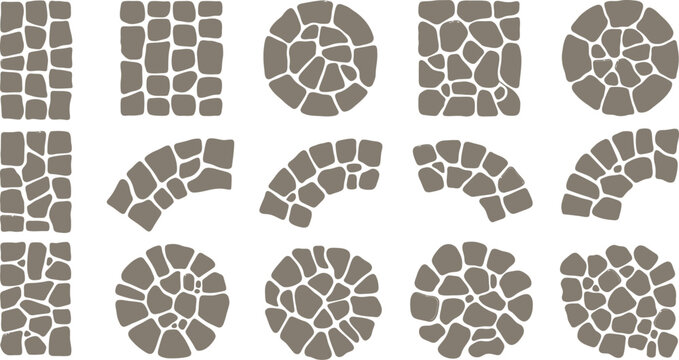 Set of stone paving patterns with various shapes including rectangular circular and curved cobblestone walkway textures vector
