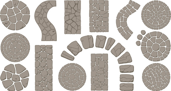 Stone path and pavement set with various shapes and patterns for garden landscaping and architectural design vector