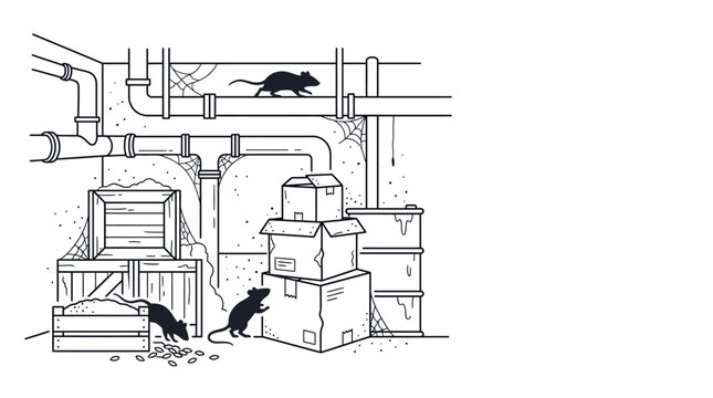 Black and white line art illustration of rats in a messy basement.