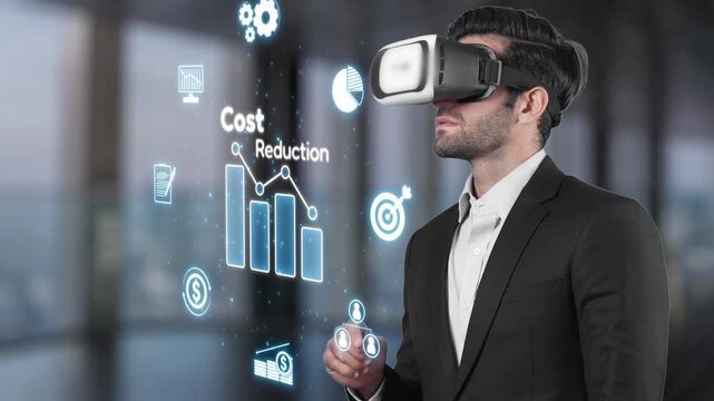 A business professional engages with virtual reality technology to visualize and analyze data, enhancing cost reduction strategies in a contemporary workspace. Raster