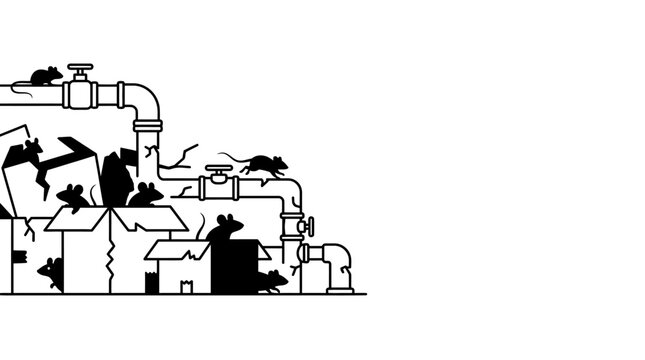 Black and white line art illustration of rats infesting pipes and boxes.