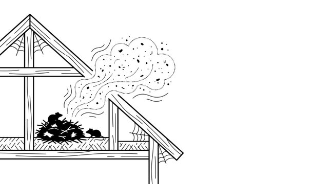Black and white line drawing of mice in a dusty attic.