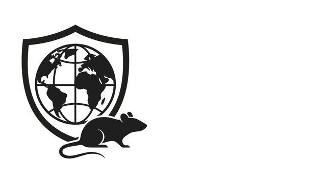 Black silhouette icon featuring a rat standing before a globe protected by a shield.
