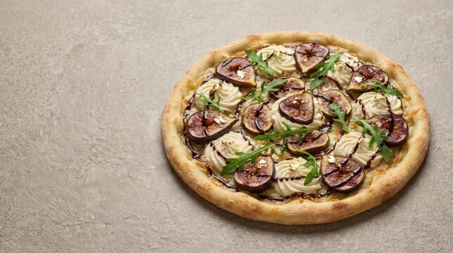 A gourmet fig and ricotta pizza adorned with fresh arugula and a rich balsamic glaze, captured in a widescreen top view composition perfect for elegant culinary presentations and food photography.