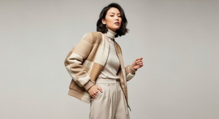 Fototapeta premium Chic Confidence: Asian Model in a Textured Beige Patchwork Bomber Jacket