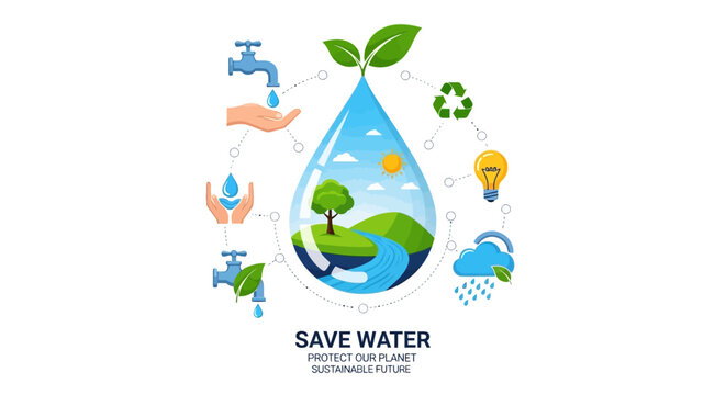 Save Water Concept: Drop, Tap, Hands, Recycling, Nature, Lightbulb