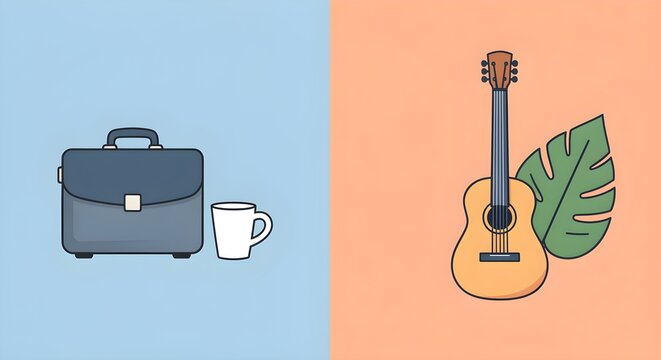 Split Screen Flat Illustration of Work and Leisure Life Balance