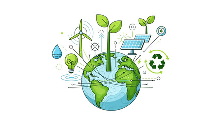 Obraz premium Sustainable Energy and Green Technology Concept - Planet Earth with Renewable Resources