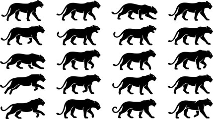 Obraz premium Black Panther and Lioness Silhouette Set Featuring Walking Big Cats, Crouching Wild Felines, Predator Poses, Safari Wildlife, and Jungle Animal Vector Designs