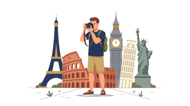 Dynamic vector illustration of a young man, a passionate traveler and photographer, exploring world-renowned landmarks and capturing memories with his camera, symbolizing global adventure and tourism