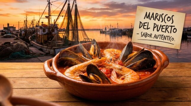 A steaming Uruguayan seafood stew served in a rustic clay bowl featuring fresh mussels and succulent shrimp, set against a beautiful harbor backdrop at sunset for a scenic culinary experience.