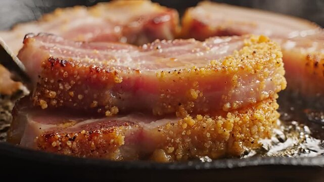 Crispy Pork Belly Slices Sizzling in a Hot Pan CloseUp.
