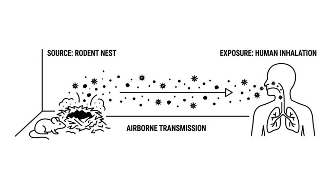 Diagram showing hantavirus or infectious disease airborne transmission from rodent nest to human inhalation.