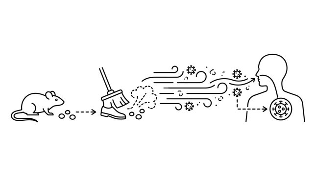 Diagram showing hantavirus transmission from rodent droppings to human respiratory system.