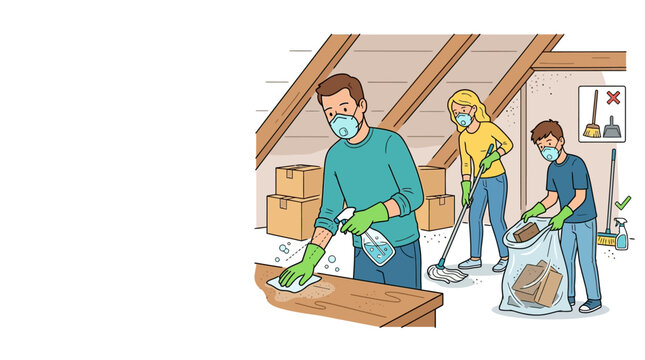 Family wearing protective masks cleaning attic together.