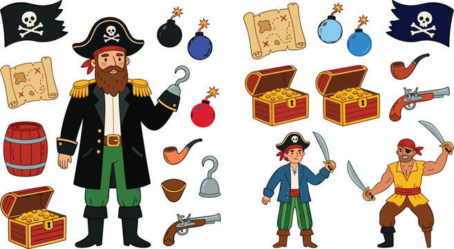 Pirate captain and crew cartoon vector icon set with treasure chest map sword bomb