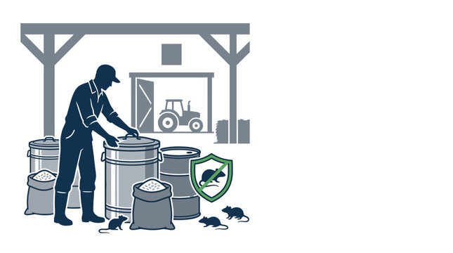 Farmer storing grain in protective containers to prevent rodent infestation.