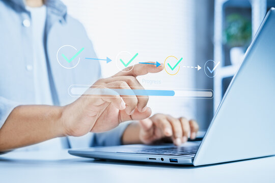 Business professional touching digital checklist, Progress tracking workflow checklist with task completion steps, Improvement time management, Digital checklist on laptop screen interface, to-do list
