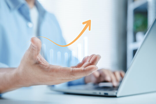 Business growth, Investment strategy and economic success, Data analytics, Financial performance chart on laptop, arrow up, forecast profit increase, strategic planning, data driven decision making