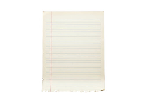 Vintage lined notebook paper sheet with frayed bottom edge isolated on transparent background