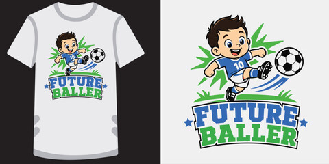 Fototapeta premium Future baller t-shirt design with cute boy kicking soccer ball on gray background.